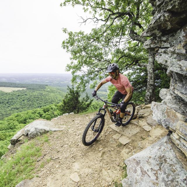 A mountain biker riding the Monument Trails at Mount Nebo State Park